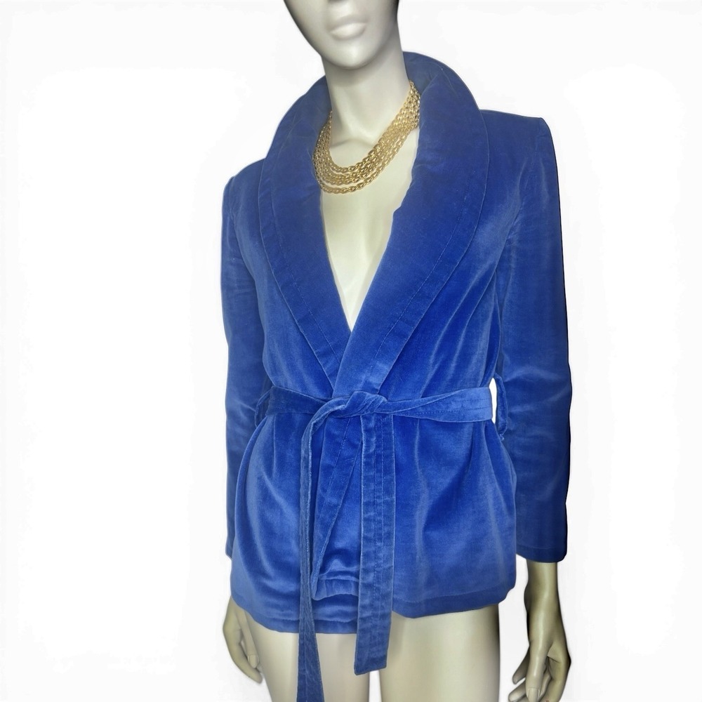 Velvet‎ Wrap Tie Belt Blue Blazer Jacket With Shawl Collar S/M